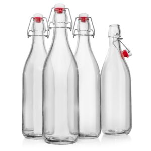 willdan giara glass bottle with stopper caps, set of 4-33.75 oz carafe swing top glass bottles for beverages, oils, kombucha, kefir, vinegar, leak proof caps & airtight lids