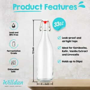 WILLDAN Giara Glass Bottle with Stopper Caps, Set of 4-33.75 Oz Carafe Swing Top Glass Bottles for Beverages, Oils, Kombucha, Kefir, Vinegar, Leak Proof Caps & Airtight Lids