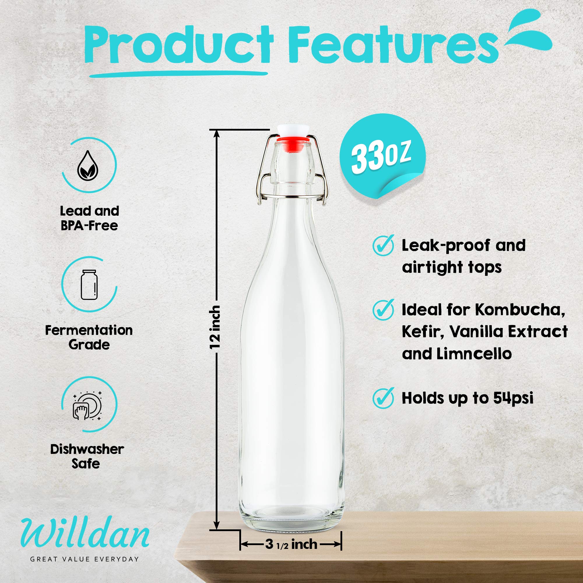 WILLDAN Giara Glass Bottle with Stopper Caps, Set of 4-33.75 Oz Carafe Swing Top Glass Bottles for Beverages, Oils, Kombucha, Kefir, Vinegar, Leak Proof Caps & Airtight Lids