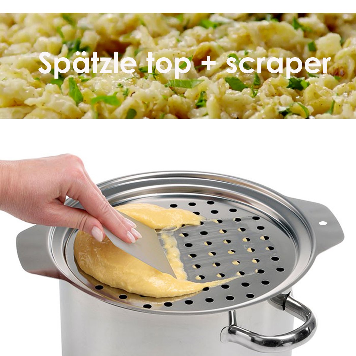 Hicook Stainless Steel Spaetzle Maker Lid with Scraper Traditional German Egg Noodle Maker Pan Pot Spaghetti Strainer