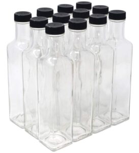 nicebottles - clear glass quadra bottles, 250ml, black caps (8.5 fl oz) - case of 12