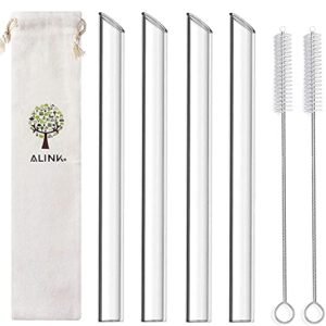 alink reusable glass boba straws, 14mm extra wide clear smoothie straws for bubble tea, pack of 4 with 1 case and 2 brush