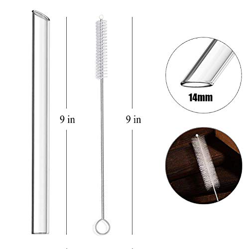 ALINK Reusable Glass Boba Straws, 14mm Extra Wide Clear Smoothie Straws for Bubble Tea, Pack of 4 with 1 Case and 2 Brush