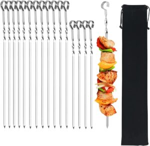 srxing metal kabob skewers,flat skewers for grilling(12pcs 15 inch and 4pcs 13.5 inch) bbq barbecue skewer stainless steel shish kebob,reusable sticks set for grilling