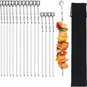 SRXING Metal Kabob Skewers,Flat Skewers for Grilling(12Pcs 15 inch and 4Pcs 13.5 inch) BBQ Barbecue Skewer Stainless Steel Shish Kebob,Reusable Sticks Set for Grilling