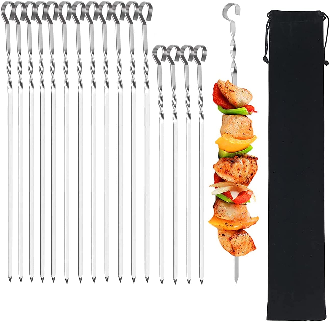 SRXING Metal Kabob Skewers,Flat Skewers for Grilling(12Pcs 15 inch and 4Pcs 13.5 inch) BBQ Barbecue Skewer Stainless Steel Shish Kebob,Reusable Sticks Set for Grilling