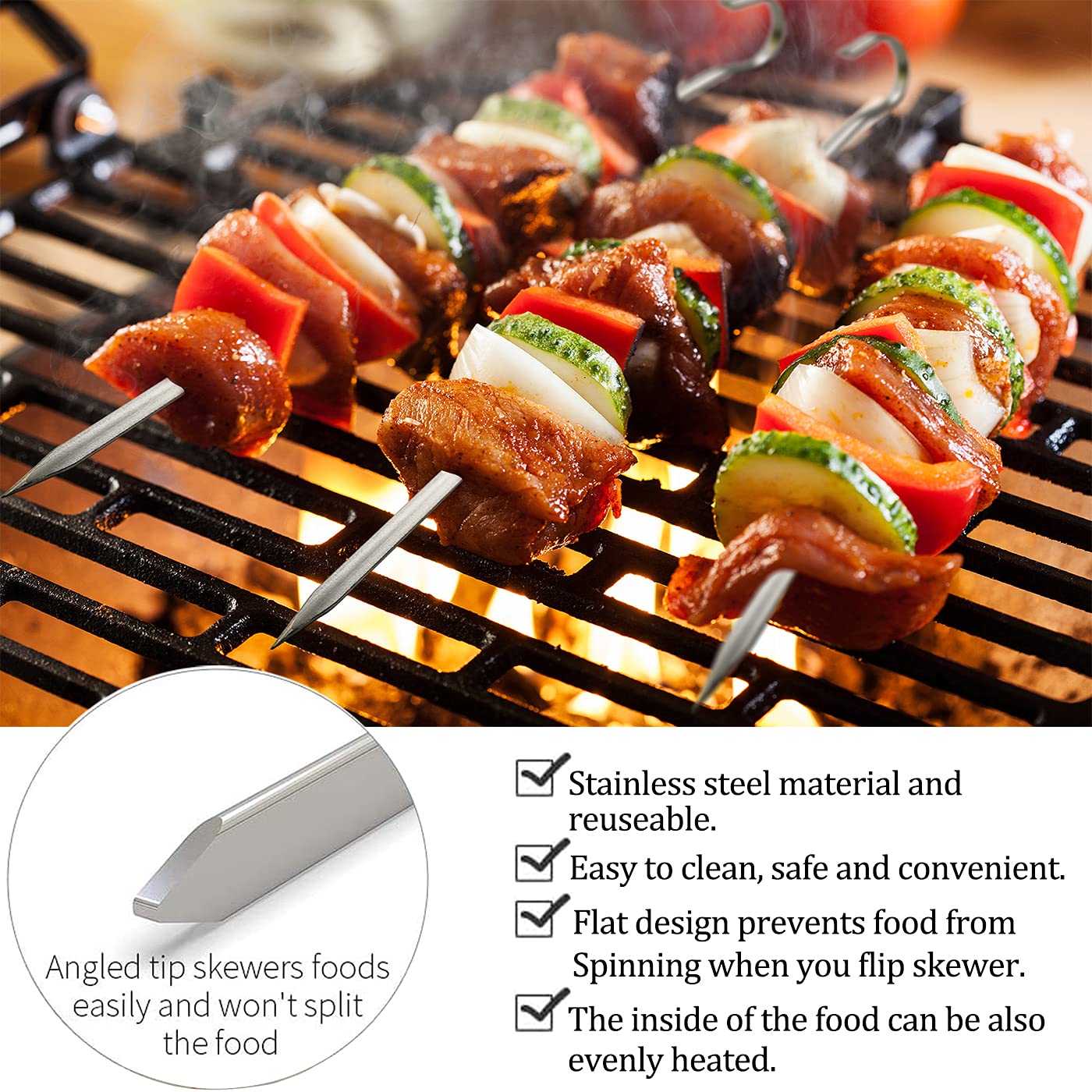 SRXING Metal Kabob Skewers,Flat Skewers for Grilling(12Pcs 15 inch and 4Pcs 13.5 inch) BBQ Barbecue Skewer Stainless Steel Shish Kebob,Reusable Sticks Set for Grilling