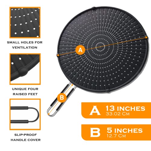 Beckon Ware | USA | 13 Inch Black Silicone Grease Splatter Guard for Frying Pan, Oven Safe Fry Wall, Ultimate Bacon Splatter Screen for Frying Pan for Everyday Cooking and Baking