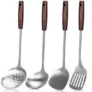 15 inch large spatula slotted turner soup ladle 304 stainless steel wok spatula set slotted spoon for cooking utensils set long wooden handle ladles kitchen metal spatula cooking spoons