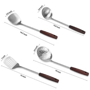 15 inch Large Spatula Slotted Turner Soup Ladle 304 Stainless Steel Wok Spatula Set Slotted Spoon for Cooking Utensils Set Long Wooden Handle Ladles Kitchen Metal Spatula Cooking Spoons