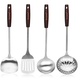 15 inch Large Spatula Slotted Turner Soup Ladle 304 Stainless Steel Wok Spatula Set Slotted Spoon for Cooking Utensils Set Long Wooden Handle Ladles Kitchen Metal Spatula Cooking Spoons