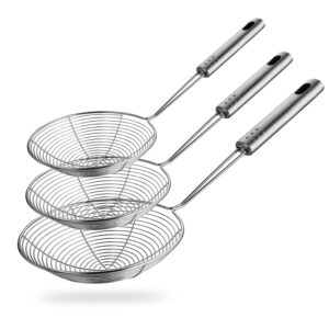 spider strainer skimmer spoon, hspiow set of 3 sizes frying spoon stainless steel fryer scoop wire strainer ladle with long handle for kitchen frying cooking food pasta