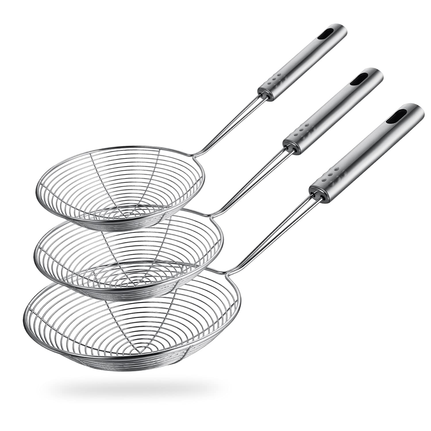 Spider Strainer Skimmer Spoon, HSpiow Set of 3 Sizes Frying Spoon Stainless Steel Fryer Scoop Wire Strainer Ladle with Long Handle for Kitchen Frying Cooking Food Pasta