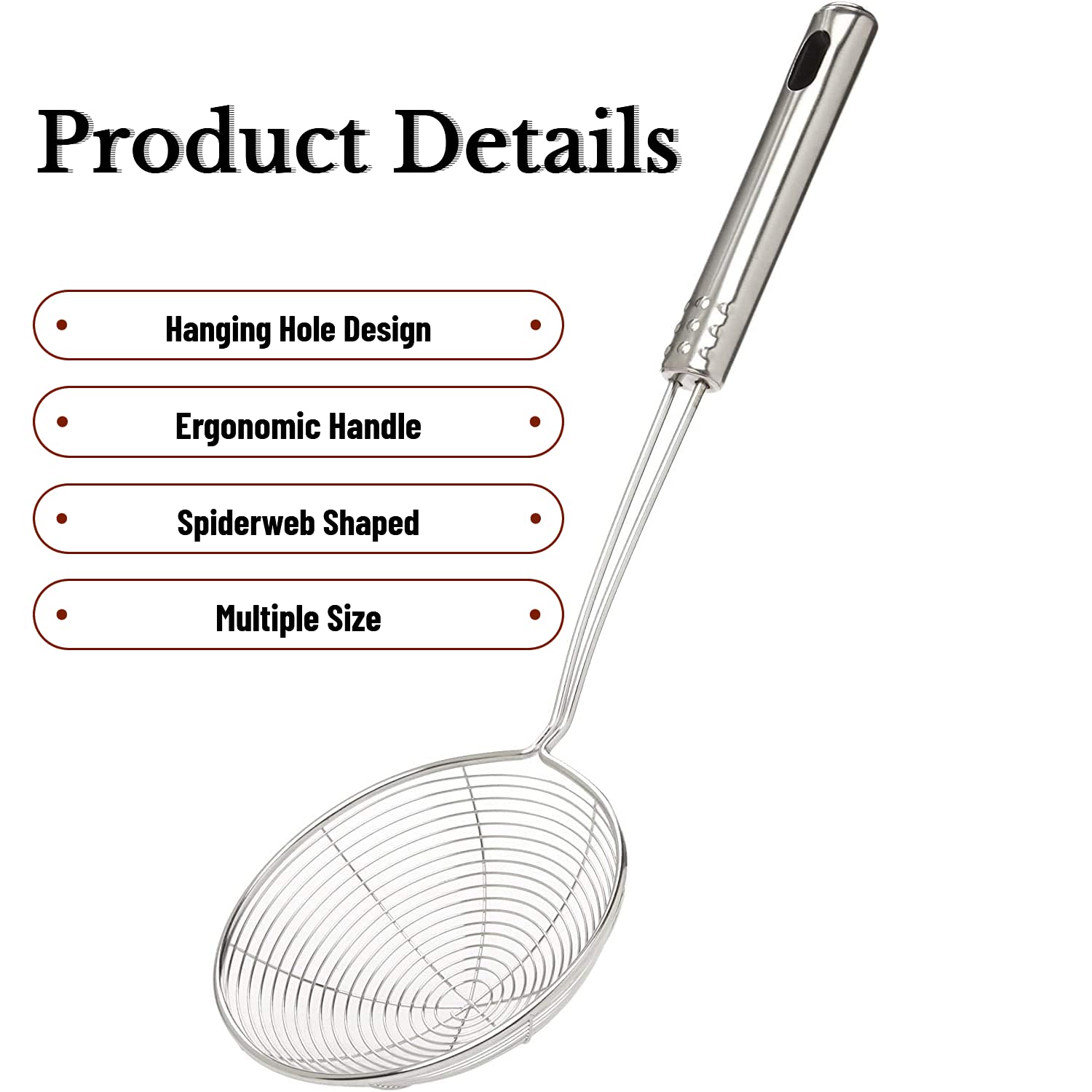 Spider Strainer Skimmer Spoon, HSpiow Set of 3 Sizes Frying Spoon Stainless Steel Fryer Scoop Wire Strainer Ladle with Long Handle for Kitchen Frying Cooking Food Pasta