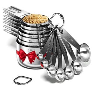 stainless steel measuring cups and spoons set of 16 pieces — 7 nesting cups and 7 stackable spoons + 2 d rings — professional portable and sturdy metal measuring set for liquid wet and dry ingredients