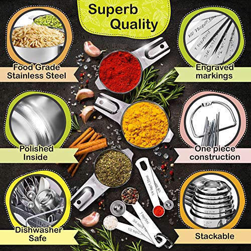 Stainless Steel Measuring Cups and Spoons Set of 16 Pieces — 7 Nesting Cups and 7 Stackable Spoons + 2 D Rings — Professional Portable and Sturdy Metal Measuring Set for Liquid Wet and Dry Ingredients