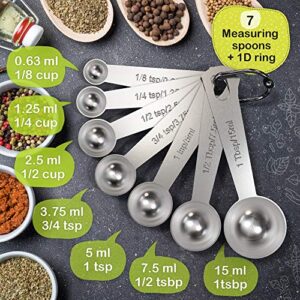 Stainless Steel Measuring Cups and Spoons Set of 16 Pieces — 7 Nesting Cups and 7 Stackable Spoons + 2 D Rings — Professional Portable and Sturdy Metal Measuring Set for Liquid Wet and Dry Ingredients