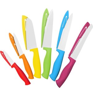 12 pcs steel rainbow kitchen knife set - dishwasher safe knives with sheath covers - sharp multicolored colorful set for the kitchen with bread, slicer, santoku, utility, paring knives