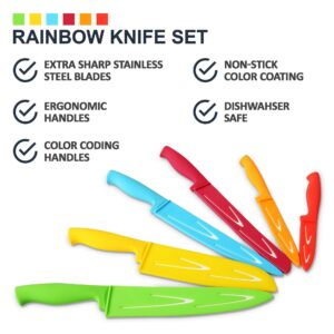 12 Pcs Steel Rainbow Kitchen Knife Set - Dishwasher Safe Knives with Sheath Covers - Sharp Multicolored Colorful Set For The Kitchen With Bread, Slicer, Santoku, Utility, Paring Knives