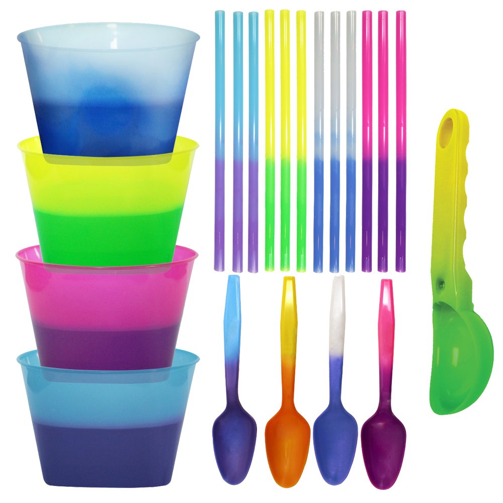 AAkron Color Changing Reusable Ice Cream Kit - 4 bowls, 4 spoons, 12 straws, 1 scoop - react to ice cold temperatures and changes from one vivid color to another – MADE IN USA