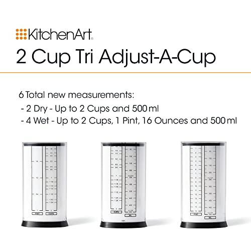 KitchenArt 2 Cup Tri Adjust A-Cup, Easy Pour Measuring Cup, 3.25x3.25x6", Black/White
