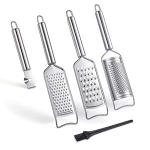 tongjude stainless steel cheese grater set, set of 5 kitchen grater & peeler & slicer, lemon zester with cleaning brush for vegetable, fruit, chocolate