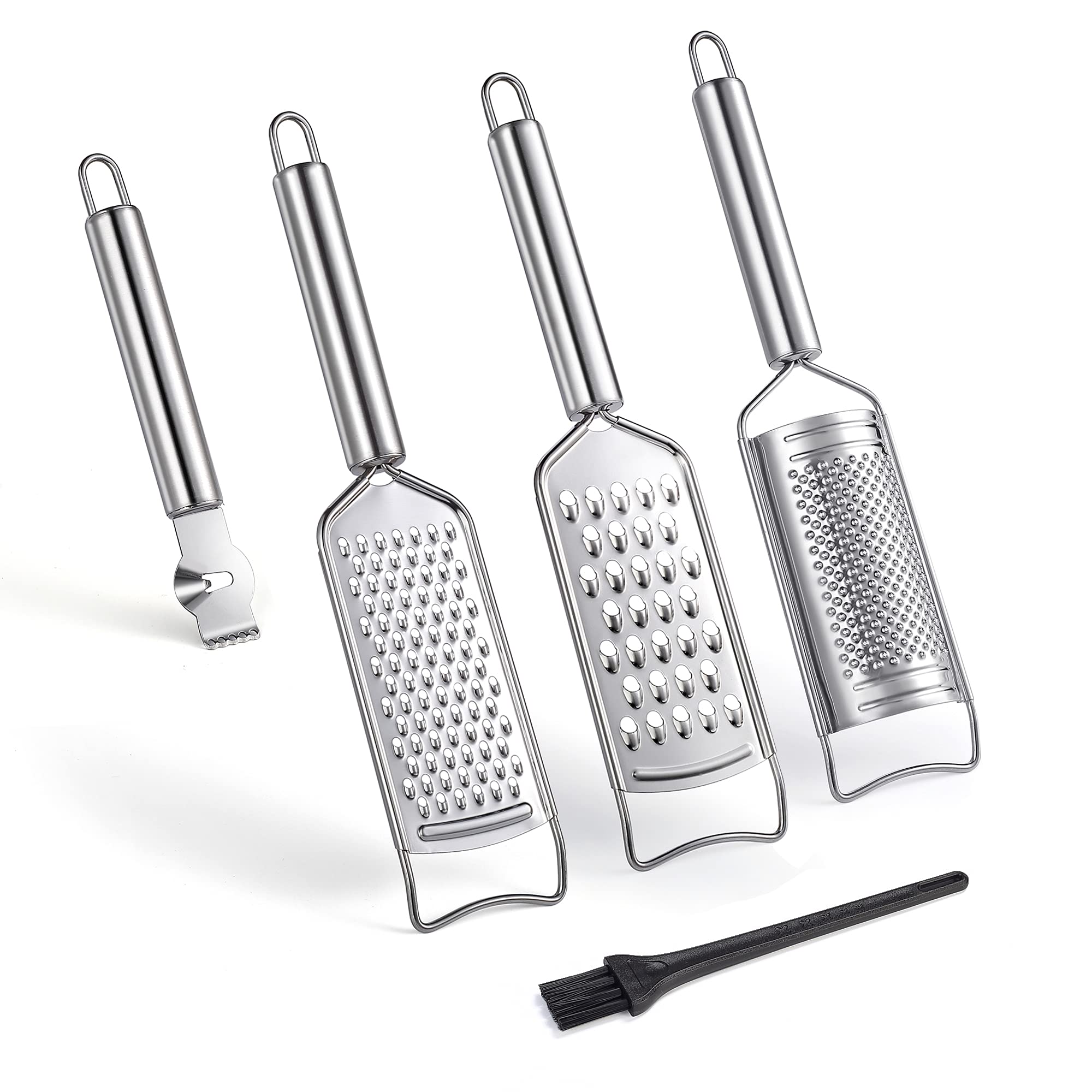 Tongjude Stainless Steel Cheese Grater Set, Set of 5 Kitchen Grater & Peeler & Slicer, Lemon Zester with Cleaning Brush for Vegetable, Fruit, Chocolate