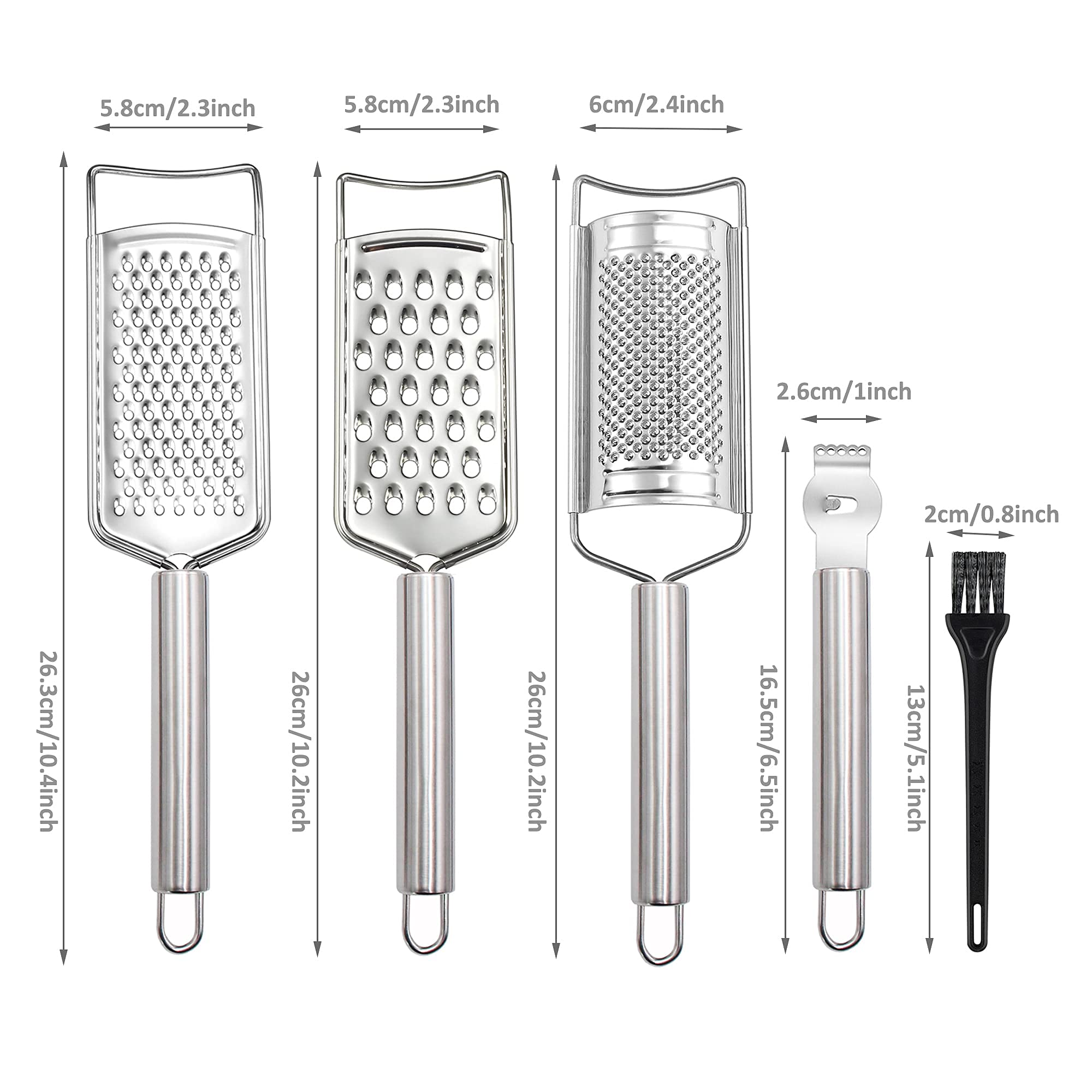 Tongjude Stainless Steel Cheese Grater Set, Set of 5 Kitchen Grater & Peeler & Slicer, Lemon Zester with Cleaning Brush for Vegetable, Fruit, Chocolate