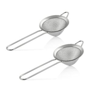 e-far fine mesh strainer set of 2, 3.3 inches stainless steel tea strainer with long handle, small conical mesh strainers sieve for cocktail coffee food, rust proof & easy to clean (silver)