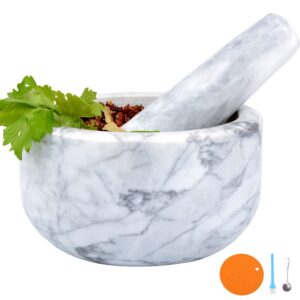 mortar and pestle set polished natural marble stone guacamole molcajete bowl with base silicone pad,matching stainless spoon and matching small brush (large, white gray)