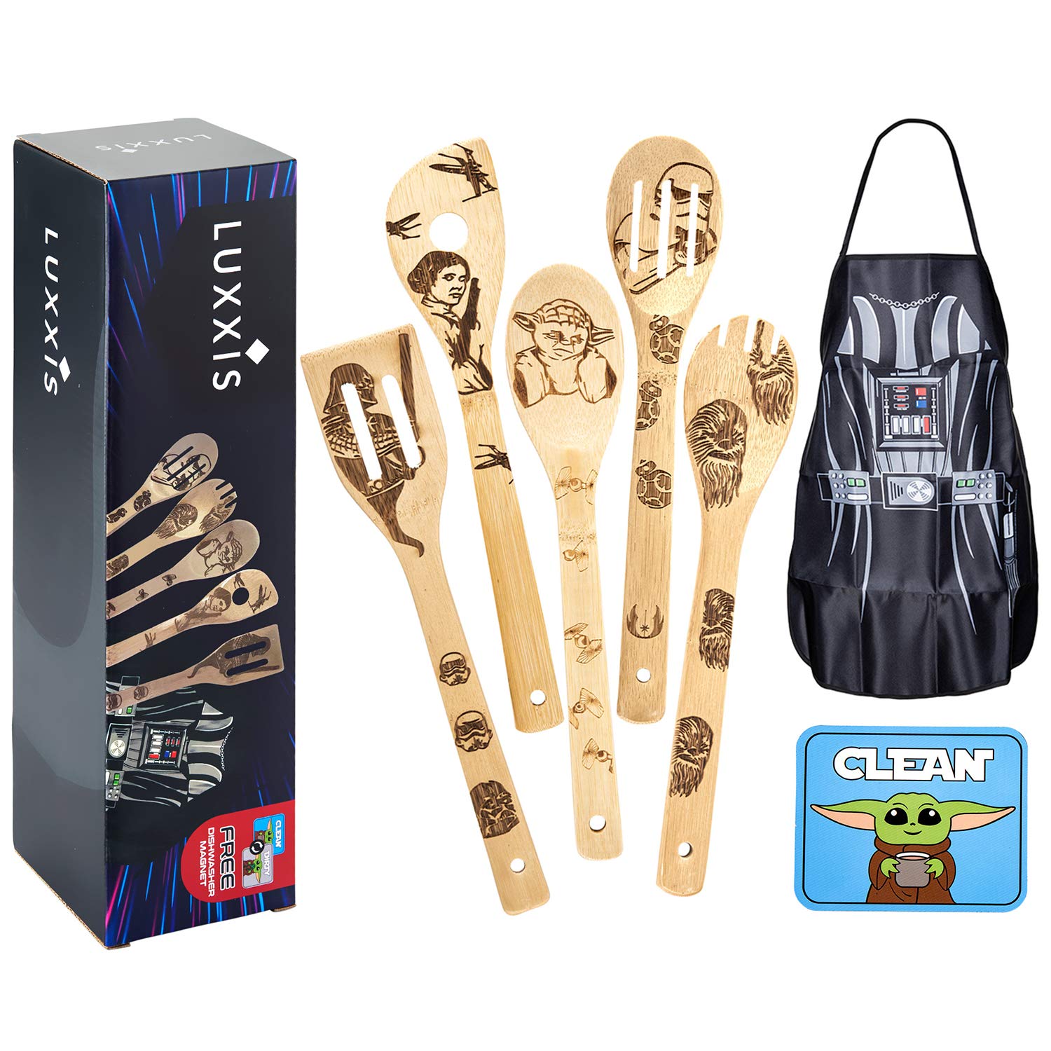 Luxxis Star Wars Gifts Kitchen Accessories Bamboo Cooking Utensils 7PC Set- 5X Organic Bamboo Spoons, 1X Kitchen Apron, 1X Dishwasher Magnet – Premium Cookware and Apron –Adorable Double-Sided Magnet