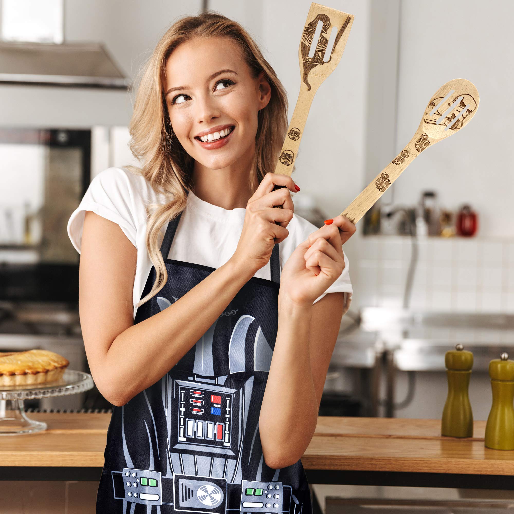 Luxxis Star Wars Gifts Kitchen Accessories Bamboo Cooking Utensils 7PC Set- 5X Organic Bamboo Spoons, 1X Kitchen Apron, 1X Dishwasher Magnet – Premium Cookware and Apron –Adorable Double-Sided Magnet