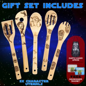 Luxxis Star Wars Gifts Kitchen Accessories Bamboo Cooking Utensils 7PC Set- 5X Organic Bamboo Spoons, 1X Kitchen Apron, 1X Dishwasher Magnet – Premium Cookware and Apron –Adorable Double-Sided Magnet