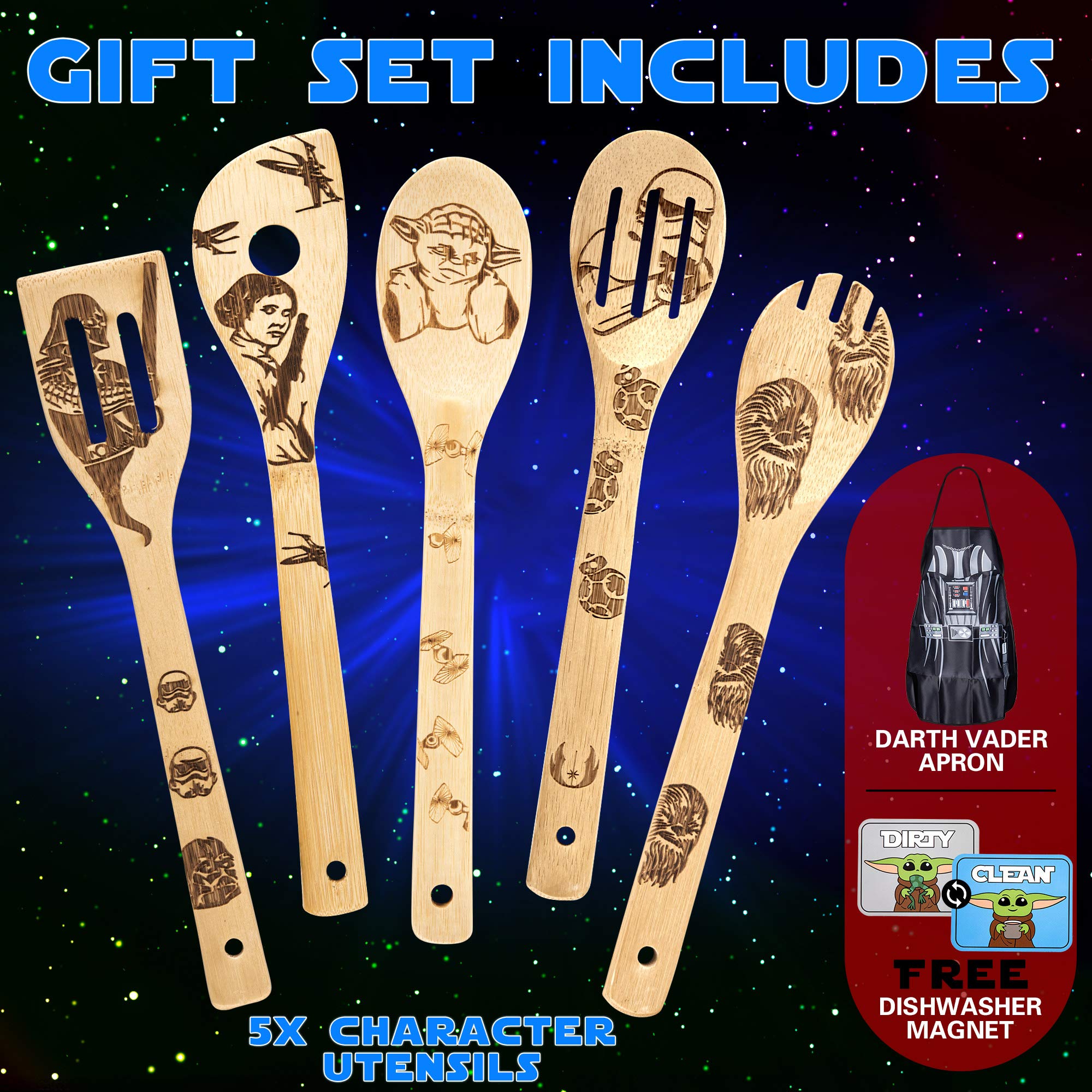 Luxxis Star Wars Gifts Kitchen Accessories Bamboo Cooking Utensils 7PC Set- 5X Organic Bamboo Spoons, 1X Kitchen Apron, 1X Dishwasher Magnet – Premium Cookware and Apron –Adorable Double-Sided Magnet