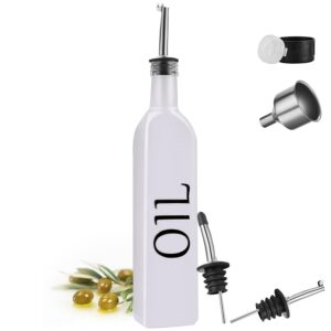 dimbrah olive oil dispenser, oil dispenser bottle for kitchen, white olive oil bottle with 2 no-drip pourers and funnel, farmhouse glass oil bottle - [single pack]