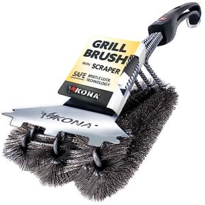 kona speed/scraper grill brush and scraper - compatible with weber and other brands flat & round grill grates - bbq cleaner for gas grills, stainless steel cast iron grates - new flex grip handle