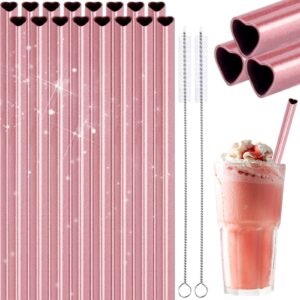 nihome reusable straws 16 pack, stainless steel drinking straws, heart shaped metal straw bulks with 2 cleaning brushes for smoothies tumblers cocktail milkshake, pearl pink