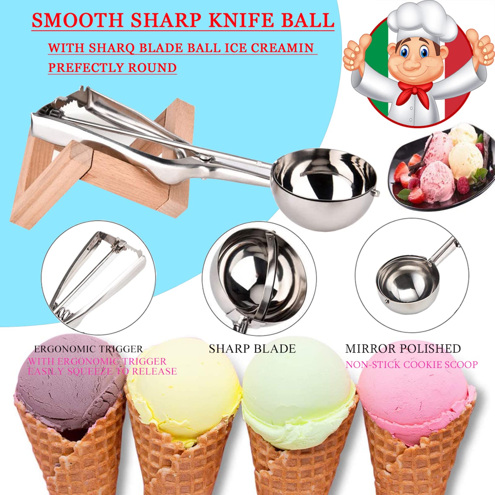 Cookie Scoop, Ice Cream Scooper set with Trigger, Small, Medium and Large Stainless Steel Cookie Scoops Set of 3 for Baking, Ergonomic Handle Cookie Dough Scoop, 3 PACK