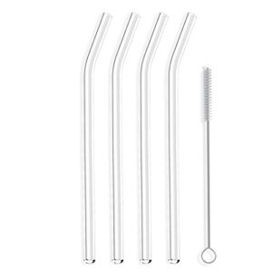 hummingbird glass straws clear bent 9" x 9.5 mm made with pride in the usa - perfect reusable straw for smoothies, tea, juice, water, essential oils - 4 pack with cleaning brush