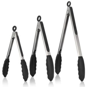 kitchen tongs, u-taste 7/9/12 inches cooking tongs, with 600ºf high heat-resistant non-stick silicone tips, 18/8 stainless steel handle, for food grill, salad, bbq, frying, serving, pack of 3(black)