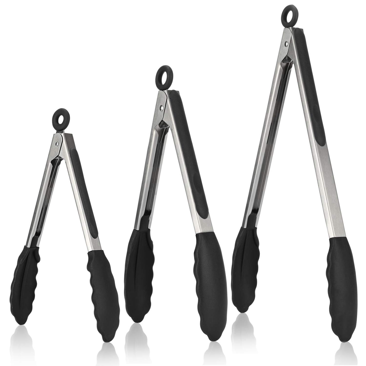 Kitchen Tongs, U-Taste 7/9/12 inches Cooking Tongs, with 600ºF High Heat-Resistant Non-Stick Silicone Tips, 18/8 Stainless Steel Handle, for Food Grill, Salad, BBQ, Frying, Serving, Pack of 3(Black)