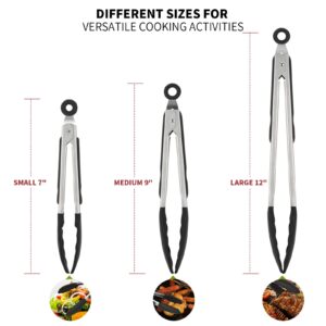 Kitchen Tongs, U-Taste 7/9/12 inches Cooking Tongs, with 600ºF High Heat-Resistant Non-Stick Silicone Tips, 18/8 Stainless Steel Handle, for Food Grill, Salad, BBQ, Frying, Serving, Pack of 3(Black)