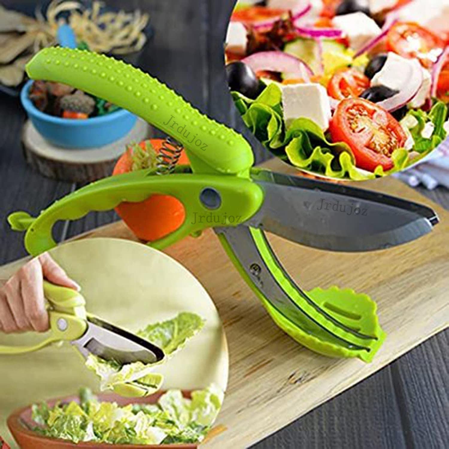 Salad Scissors for Chopped Salad, Lettuce Tong Scissors for Salad Bowl and Cutter, Multifunction Double Blade Salad Chopper Tool (Green)