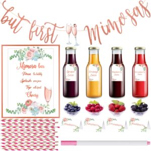 31 pcs mimosa bar kit mimosa bar sign banner poster 4 champagne bottle tags 4 table cards 20 paper straws 1 marker 4 ropes for bridal baby shower brunch wedding fiesta bar decor (gold/pink/rose gold)