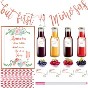 31 Pcs Mimosa Bar Kit Mimosa Bar Sign Banner Poster 4 Champagne Bottle Tags 4 Table Cards 20 Paper Straws 1 Marker 4 Ropes for Bridal Baby Shower Brunch Wedding Fiesta Bar Decor (Gold/Pink/Rose Gold)