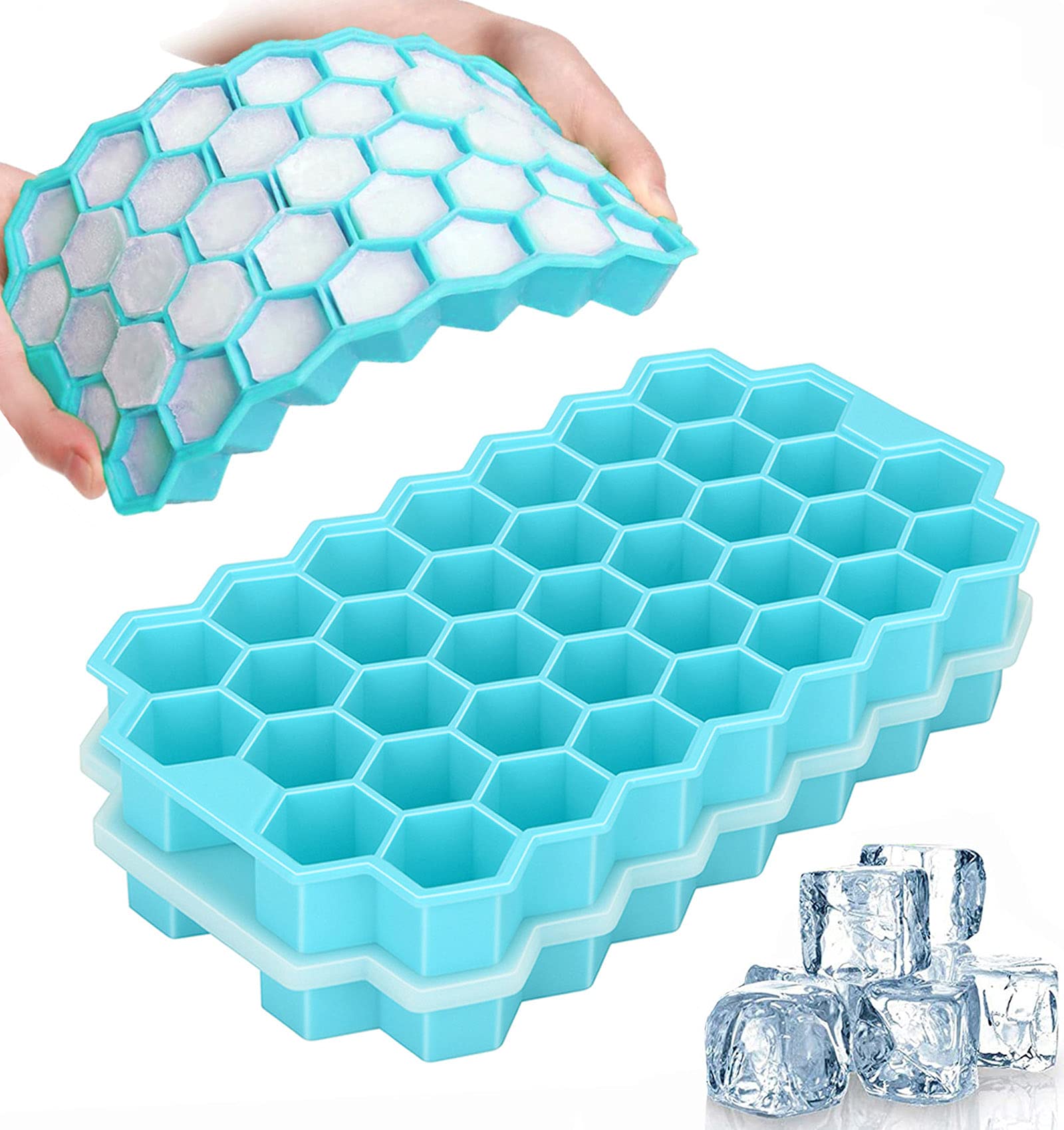 Ice Cube Trays, TeaRoo 2 Pack Silicone Ice Cube Molds with Lids, Easy-Release and Flexible 74-Ice Trays BPA Free, for Whiskey Cocktail, Stackable and Safe Ice Cube Molds