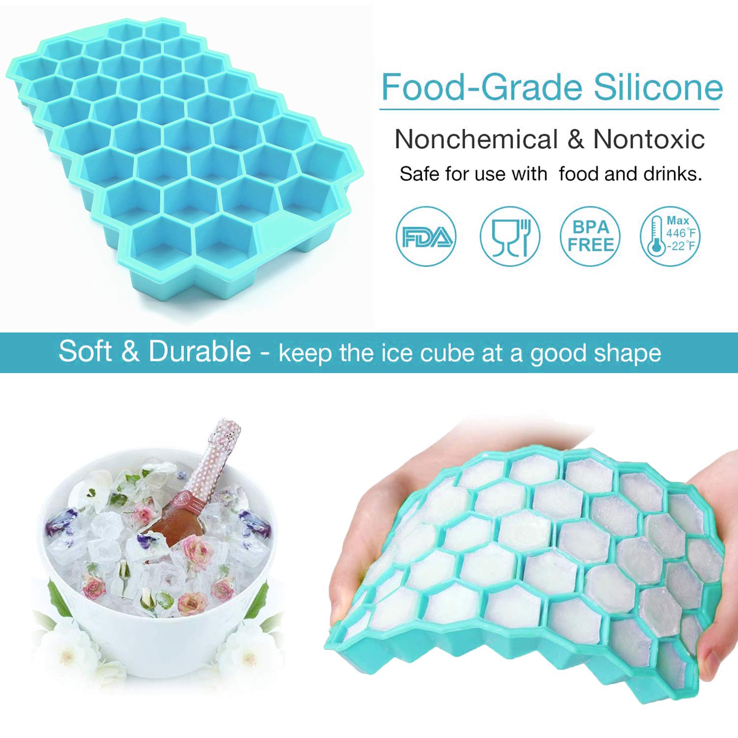 Ice Cube Trays, TeaRoo 2 Pack Silicone Ice Cube Molds with Lids, Easy-Release and Flexible 74-Ice Trays BPA Free, for Whiskey Cocktail, Stackable and Safe Ice Cube Molds