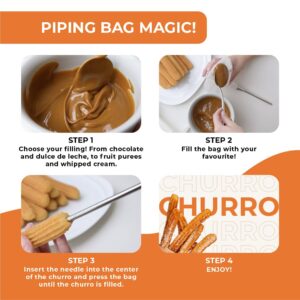 KneadEat Churro Maker Machine Churrera and Piping Bag Churros Filler. Easy QR-Recipe to Prepare and Fill Your Own Churros at Home.