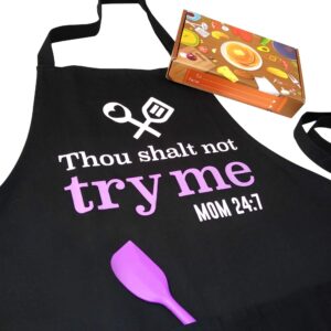 fixgrub cooking apron for mom with spatula and gift box, funny kitchen apron with 3 pockets, mom gift, cute apron, mother's day gift (thou shalt not try me)