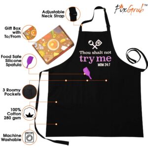 FixGrub Cooking Apron for Mom with Spatula and Gift Box, Funny Kitchen Apron with 3 Pockets, Mom Gift, Cute Apron, Mother's Day Gift (Thou Shalt Not Try Me)